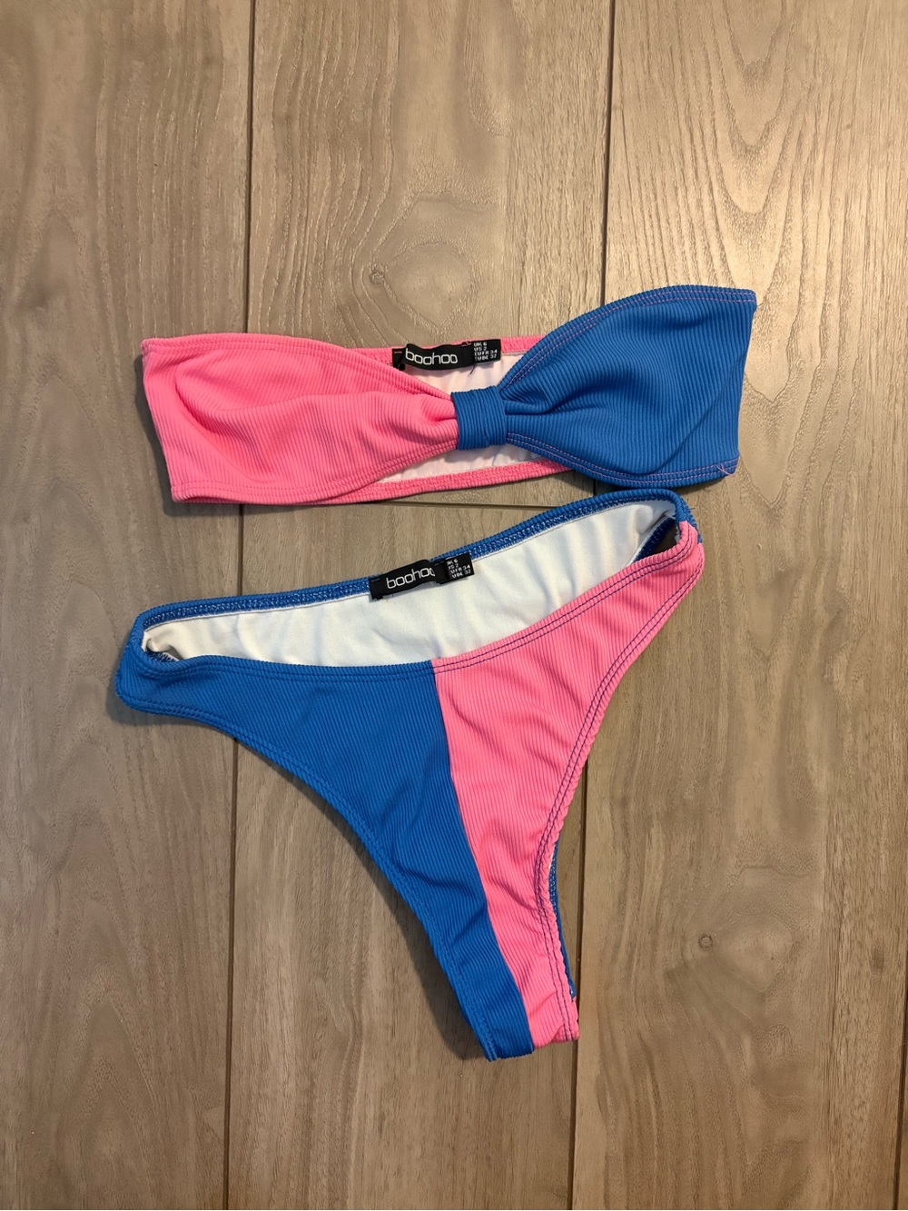 Boohoo Pink and Blue Colorblock Ribbed Bandeau Bikini